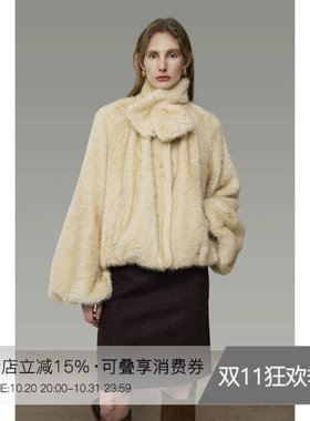 UNSPOKEN围脖领仿皮草女短款宽松设计感小众法式灯笼袖高级感外套