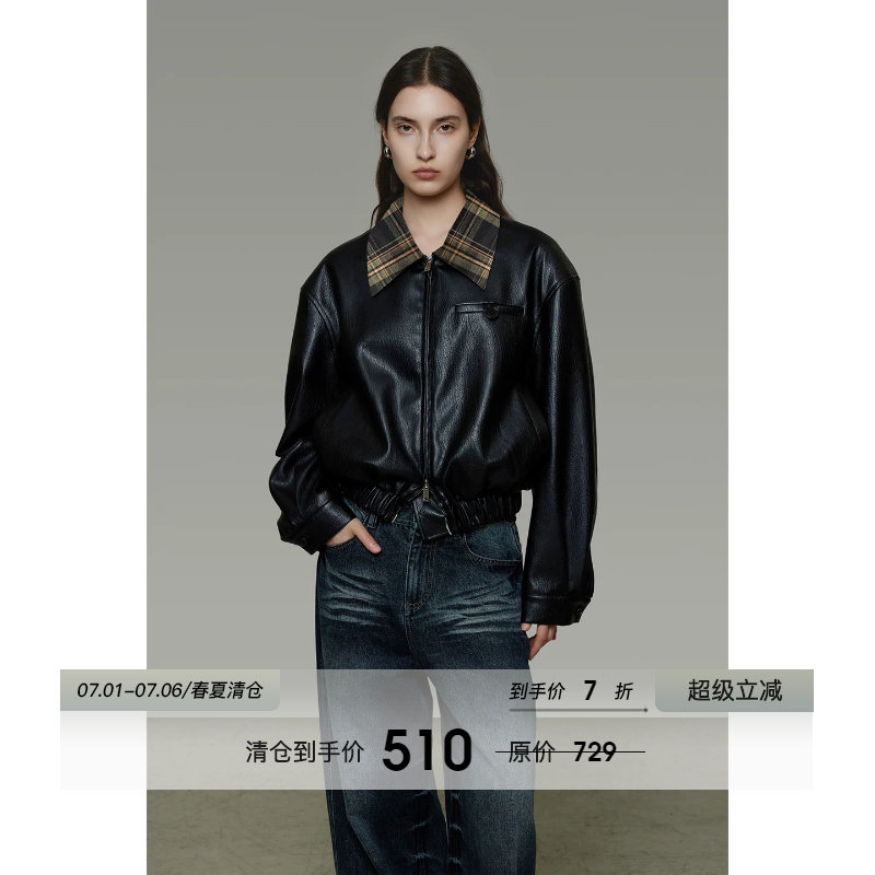 UNSPOKEN经典格纹拼接翻领皮衣外套女春季宽松设计感短款机车夹克