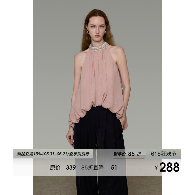 UNSPOKEN挂脖背心女粉色设计感钉珠小众气质露肩宽松显瘦无袖上衣