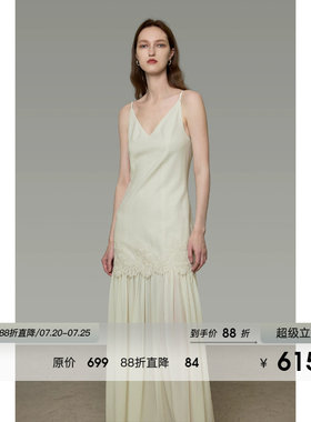 UNSPOKEN米白色吊带连衣裙V领蕾丝拼接气质高级感显瘦法式长裙女