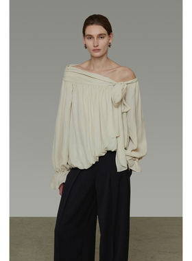 UNSPOKEN法式不规则斜肩衬衫女春季2026新款设计感系带露肩上衣