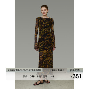 气质高级风长裙 气质显瘦修身 UNSPOKEN长袖 豹纹连衣裙露背印花法式