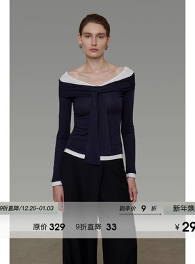 UNSPOKEN假两件一字肩针织衫女2026春季新款设计感撞色系带上衣