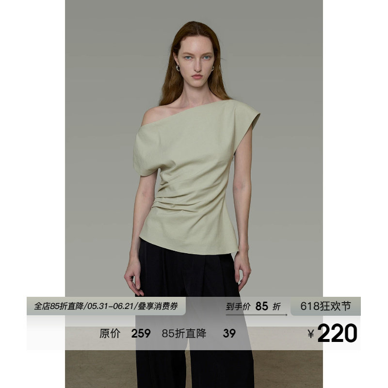 UNSPOKEN斜肩短袖T恤女夏法式小众气质单侧露肩显瘦上衣2026新款