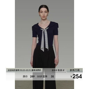 修身 新款 上衣 女2026夏季 UNSPOKEN复古海军领条纹领带撞色针织短袖