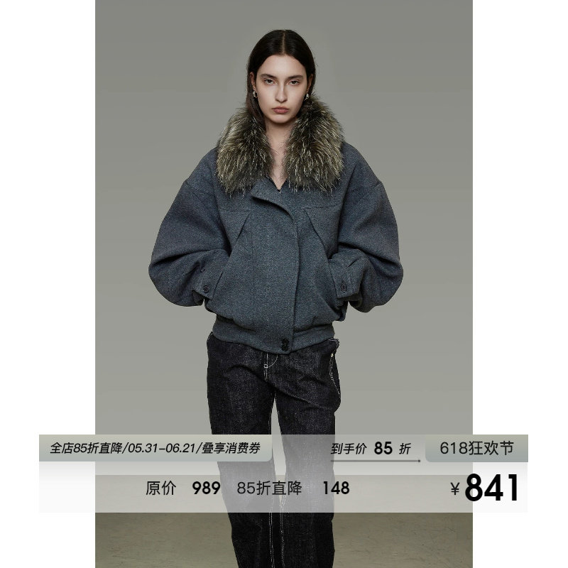 UNSPOKEN毛领短款棉服女冬季厚款小众设计感宽松显瘦防风夹棉外套
