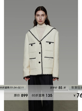 UNSPOKEN海军领羊毛外套女冬季原创设计感宽松撞色小香风呢子大衣