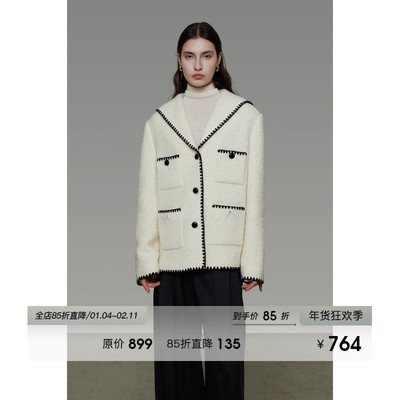 UNSPOKEN海军领羊毛外套女冬季原创设计感宽松撞色小香风呢子大衣