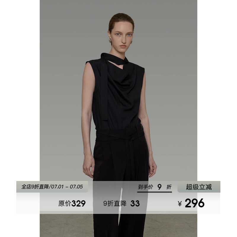 UNSPOKEN不规则飘带无袖衬衫女2025夏季新款小众设计感垂坠感上衣