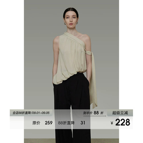 UNSPOKEN法式不规则斜肩上衣女夏季无袖外穿设计感飘带背心吊带
