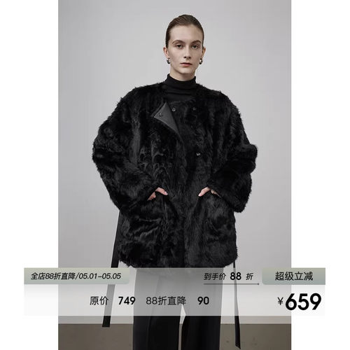 UNSPOKEN系带皮毛一体外套