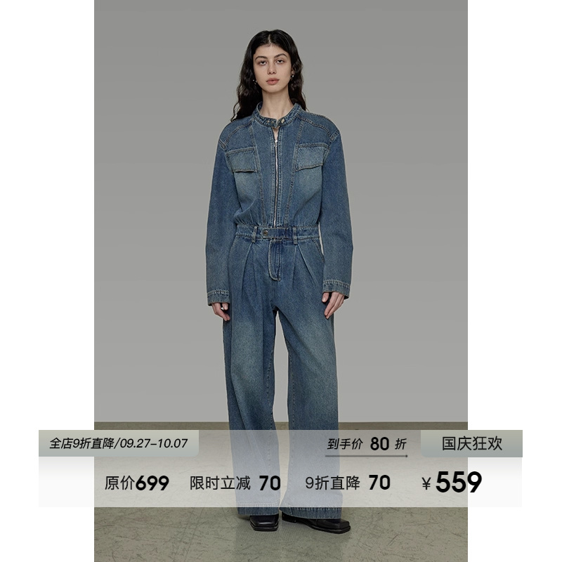 UNSPOKEN复古高级感牛仔连体衣女2025年秋季新款宽松百搭简约法式
