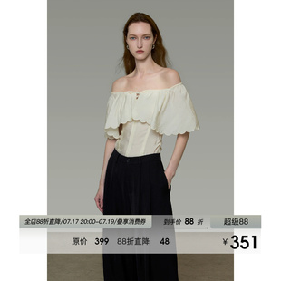 UNSPOKEN一字肩衬衫女短袖露肩气质活页领小众设计感法式显瘦上衣