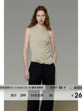 UNSPOKEN斜肩无袖上衣女飘带设计感小众气质露肩高级感钉珠小吊带
