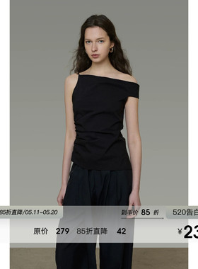 UNSPOKEN黑色露肩上衣女金属肩带小众设计感修身气质显瘦斜肩T恤