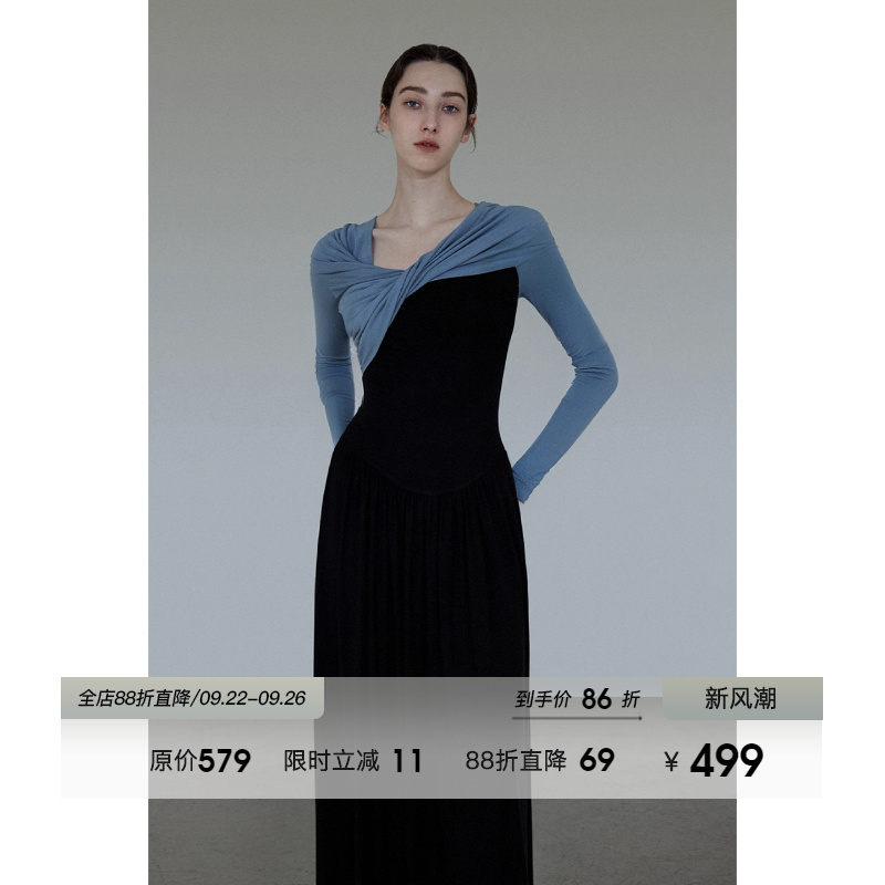 UNSPOKEN法式不对称扭结一字肩针织连衣裙女秋季修身显瘦两穿长裙
