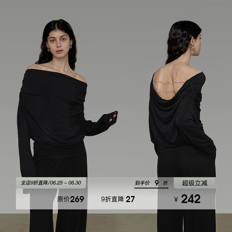 UNSPOKEN露背镂空一字领针织衫女2025秋季新款简约设计感气质上衣