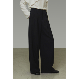 UNSPOKEN高腰阔腿裤女显瘦褶裥设计显瘦高级感洒脱垂坠感休闲长裤