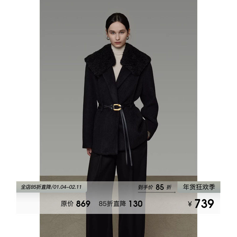 UNSPOKEN拼接毛领系带毛呢外套女冬季2025新款低调高级中长款大衣