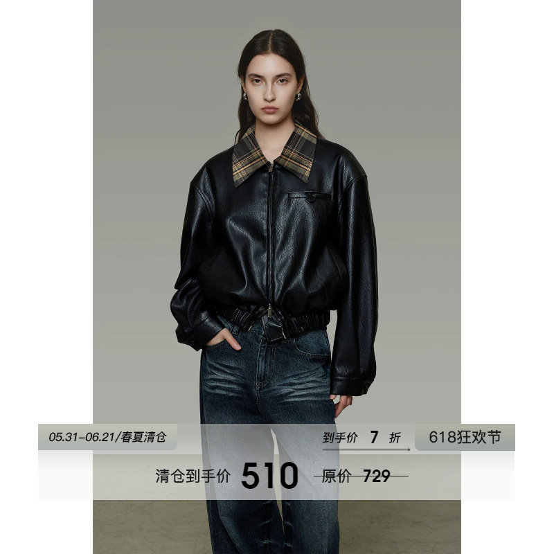 UNSPOKEN经典格纹拼接翻领皮衣外套女春季宽松设计感短款机车夹克