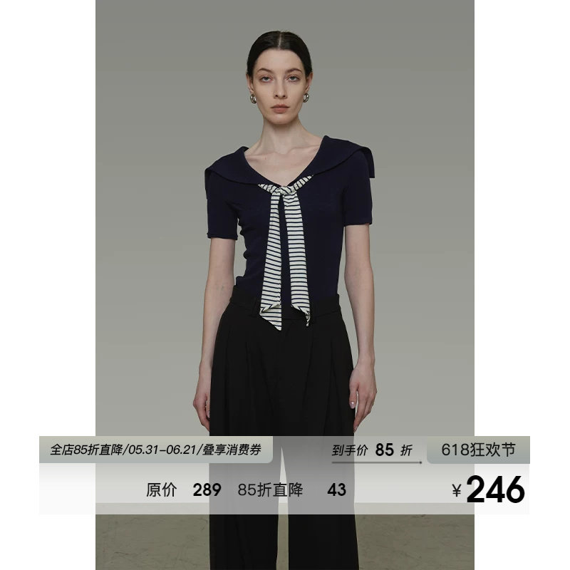 UNSPOKEN复古海军领条纹领带撞色针织短袖女2026夏季新款修身上衣