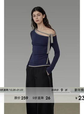 UNSPOKEN撞色斜肩针织衫女2026春季新款高级感修身打底衫长袖上衣