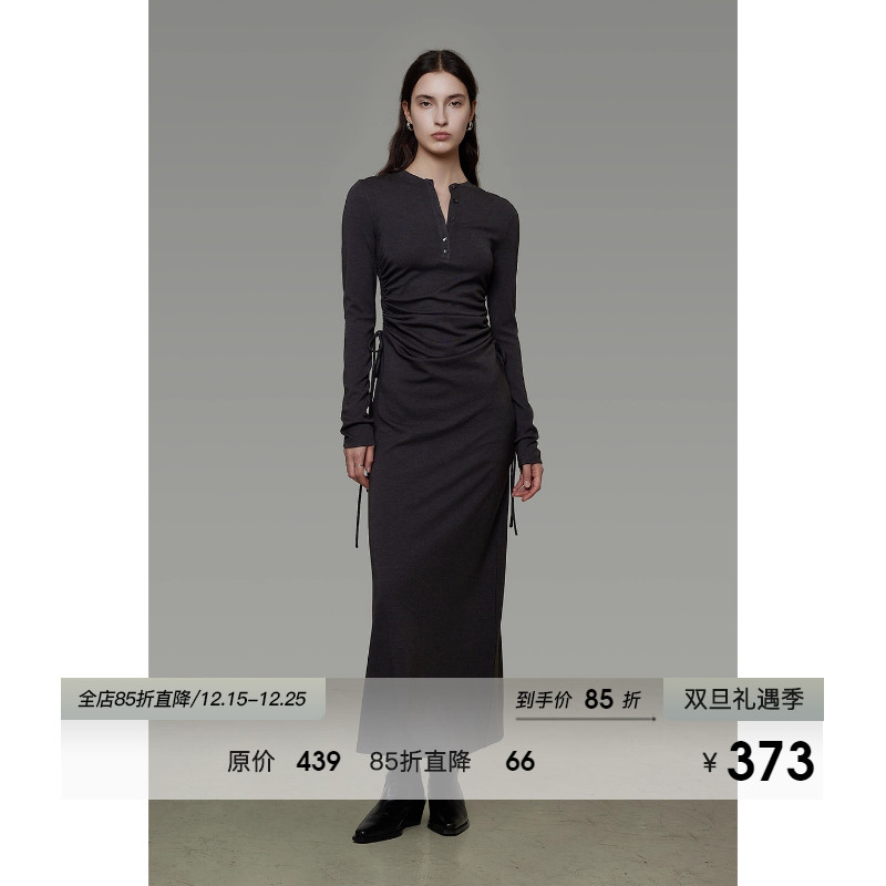 UNSPOKEN抽褶修身长袖连衣裙女秋冬季显瘦小众设计感半开襟长裙子