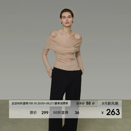 UNSPOKEN假两件荡领蕾丝拼接针织衫女秋季设计感修身显瘦气质上衣