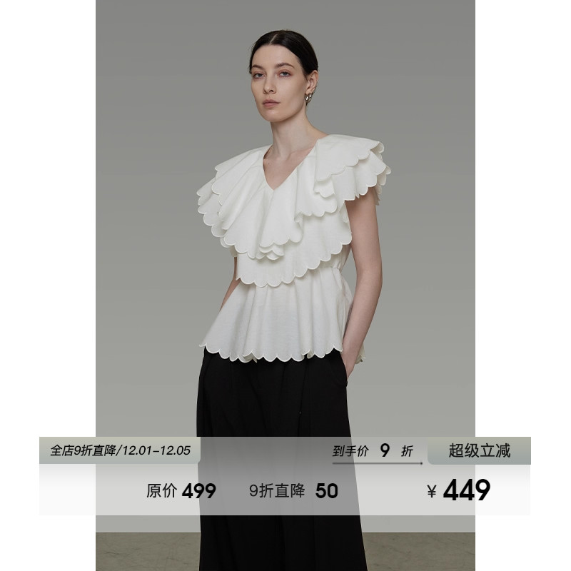 UNSPOKEN设计感双层荷叶领短袖衬衫女夏季2025新款显瘦收腰上衣