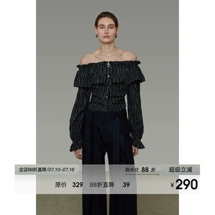 UNSPOKEN条纹一字肩衬衫女双层荷叶边领口复古气质高级感露肩上衣