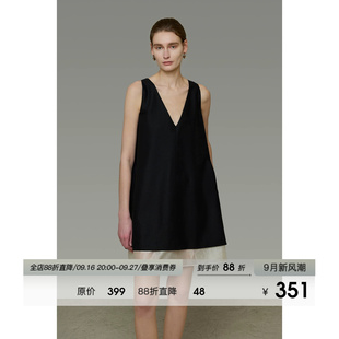 UNSPOKEN撞色无袖连衣裙V领小众设计感宽松中裙法式气质显瘦裙子