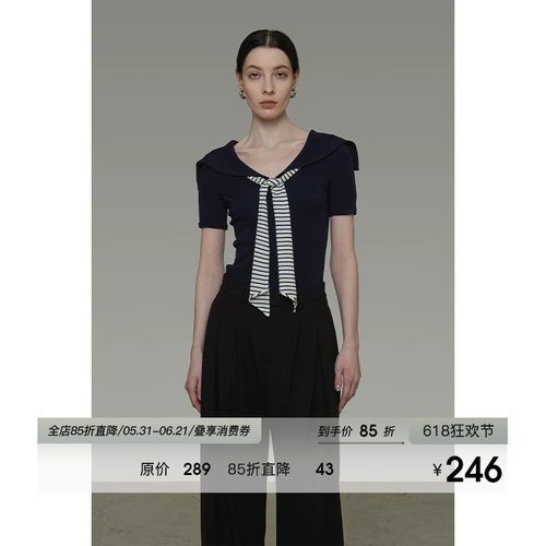 UNSPOKEN复古海军领条纹领带撞色针织短袖女2026夏季新款修身上衣