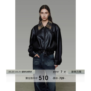 机车夹克 宽松设计感短款 UNSPOKEN经典 格纹拼接翻领皮衣外套女春季