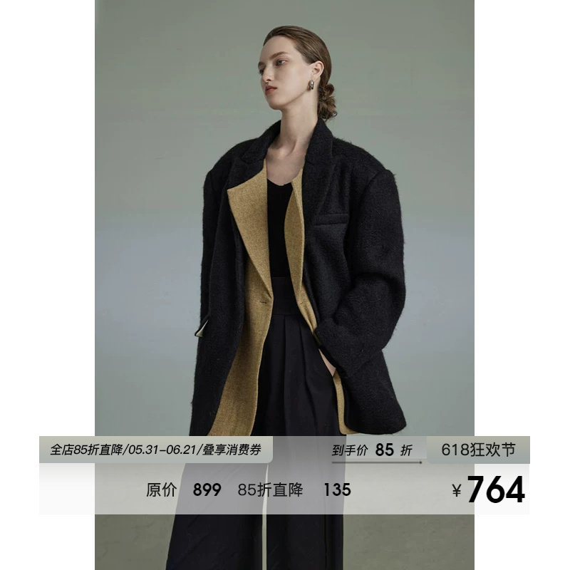 UNSPOKEN黑色加厚毛呢西装外套女冬季保暖防风高级感宽松呢子大衣
