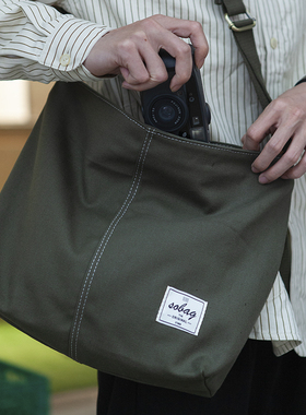 sobag日系复古军绿色斜挎帆布包男中性小众设计大容量通勤单肩包