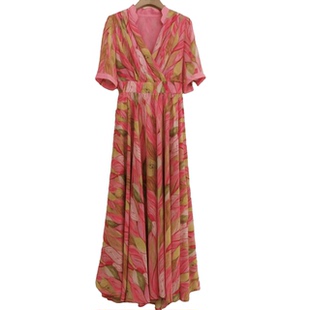 新款 连衣裙 V领系带腰时尚 时尚 S0166 花纹长款 2024夏季