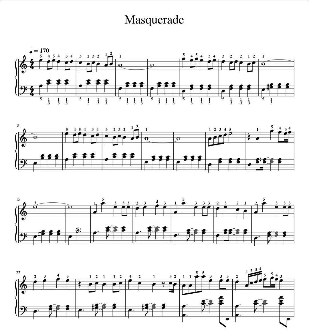 Masquerade-钢琴独奏谱-高清电子谱-流行歌曲五线谱+简谱版可选