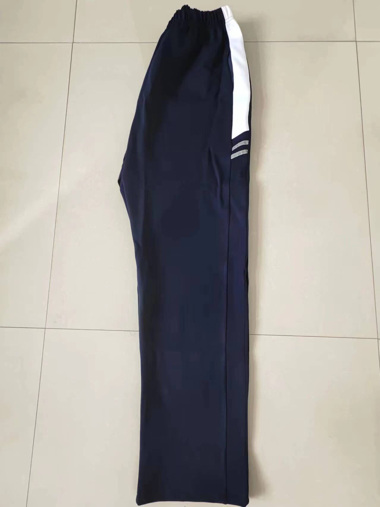 新款中小学生深蓝色纯棉春校服春秋夏冬款拼接白色加反光条运动裤
