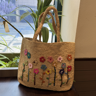 手工花朵刺绣拉菲草编织托特包大容量单肩包度假风度假沙滩海边