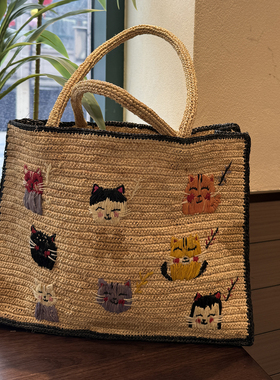 出游度假包包可爱猫咪拉菲草编包女大容量百搭手提包度假风手工
