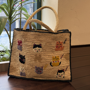 出游度假包包可爱猫咪拉菲草编包女大容量百搭手提包度假风手工