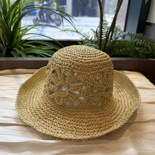 手工草编花朵遮阳帽女夏季 休闲 防晒大檐沙滩度假帽镂空渔夫帽时尚