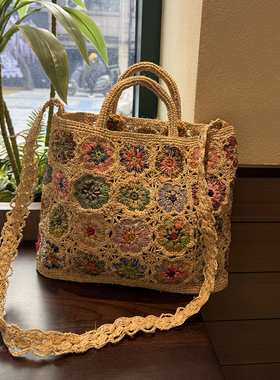 2026新款拉菲草手工编织包女春夏度假风单肩斜跨彩色草编包复古潮