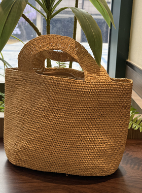 拉菲草编织托特包女大容量手提包度假风菜篮子包大容量手提包纯色