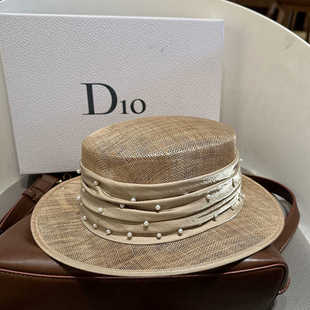 日本防晒草帽高品质法式 纱平顶礼帽英伦复古珍珠轻薄透气遮阳宽檐