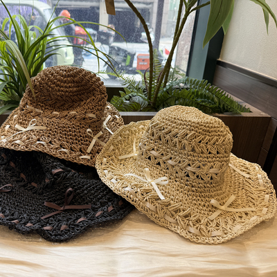 夏季遮阳手工草编大檐遮阳帽女夏季防晒沙滩帽折叠度假草帽凹造型