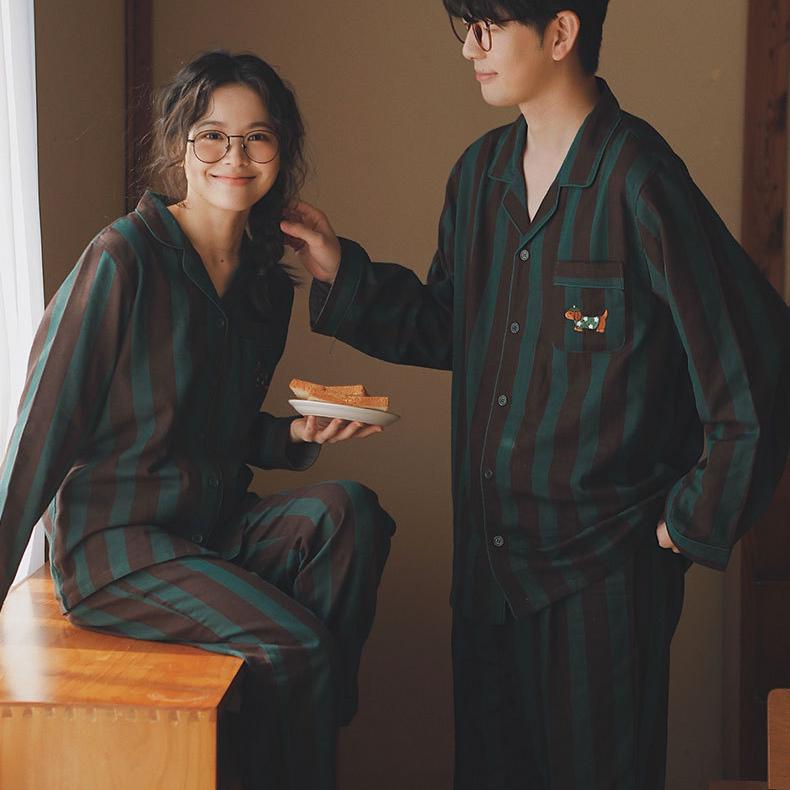 纯棉纱布情侣睡衣男女士条纹野兽春秋季家居服刺绣全棉长袖套高级