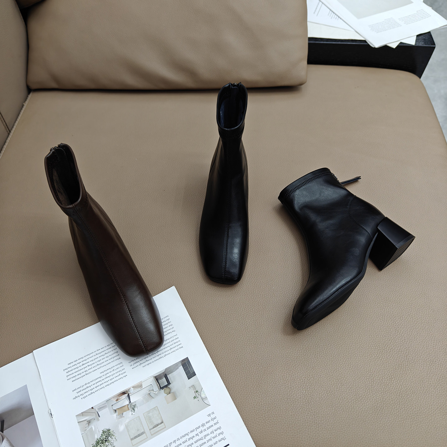 复古时装靴女2025冬季新款时尚优雅粗跟中跟后拉链方头瘦瘦马丁靴