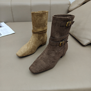 2025秋冬韩版新款小众设计复古法式短靴小方头西部靴中筒靴女靴子
