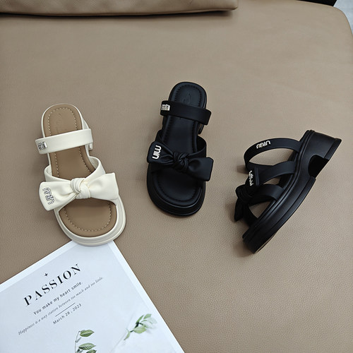 法式蝴蝶结增高厚底拖鞋黑色凉拖